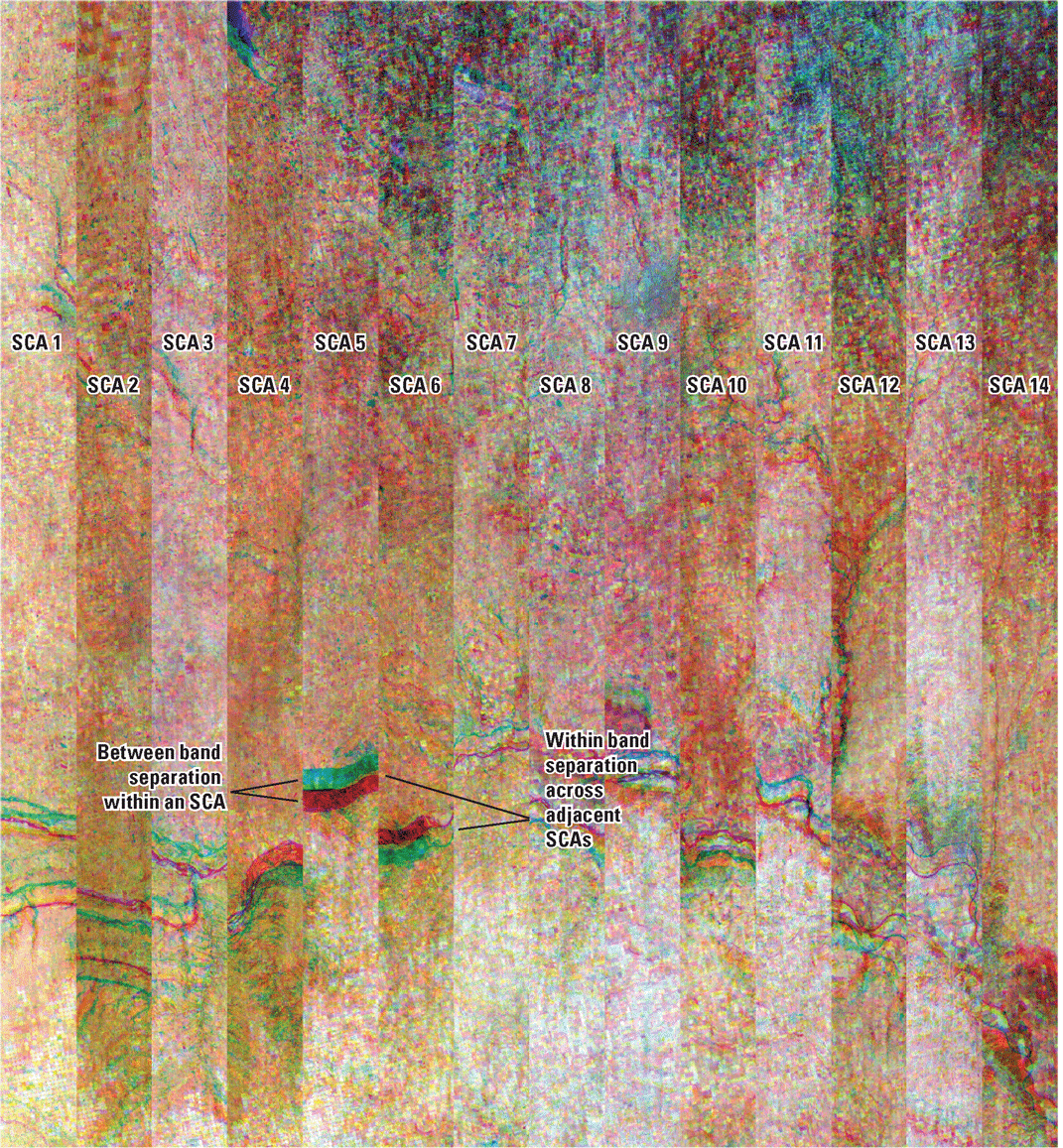 Landsat 9 color composite image (bands 6, 5, and 4) showing the staggers between sensor
                     chip assemblies and the spectral bands within a sensor chip assembly.
