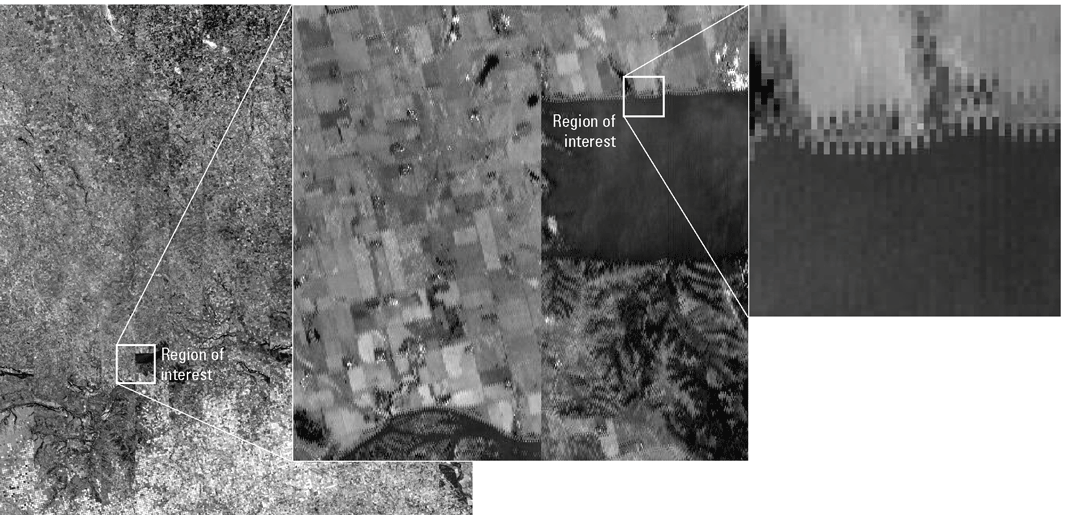 Landsat 9 single-band image (band 4; red) of radiometric correction but with detector
                     and sensor chip assemblies geometric offsets still present.