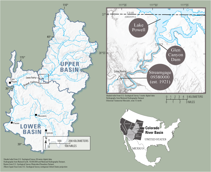 The Upper Basin of the Colorado River is located in Colorado, Utah, Wyoming, northeast
                     Arizona, and northwest New Mexico, and the Lower Basin is located in Arizona, California,
                     Nevada, southwest Utah, and western New Mexico; the boundary between the Upper and
                     Lower Basins runs southeast from southern Utah to northwest New Mexico, passing through
                     Arizona and dividing the Colorado River near Lees Ferry.