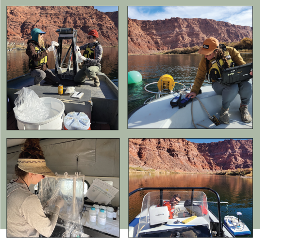 U.S. Geological Survey technicians wearing personal flotation devices work from a
                     boat to collect water from the Colorado River in a sample jar; U.S. Geological Survey
                     technician wearing a personal flotation device works with water-quality instruments
                     aboard a boat on the Colorado River; U.S. Geological Survey technician wearing personal
                     protective equipment prepares water-quality samples in a mobile laboratory at Lees
                     Ferry for offsite analysis; U.S. Geological Survey technicians wearing personal flotation
                     devices operate an acoustic Doppler current profiler from a boat on the Colorado River.