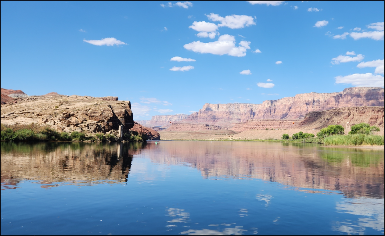 Green vegetation and cliffs of red- and tan-colored rocks line the shores of the Colorado
                     River at Lees Ferry under a bright blue, partly cloudy sky, painting a vibrant scene
                     that is reflected on the surface of the Colorado River.