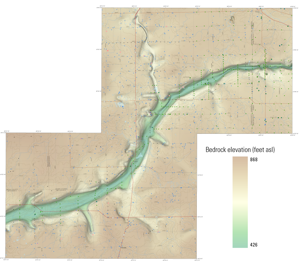 Decorative representation of the map showing the lowest elevation in a southwest to
northeast S-shaped curve.