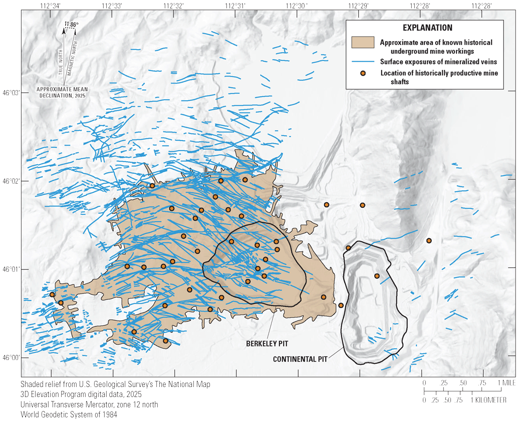 Figure 2. Location of historical and active mining operations shown as circles and
                     mineralized veins within the mining district shown as short lines.