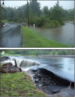 About 100 feet of roadway is flooded from a brook during a flood event.