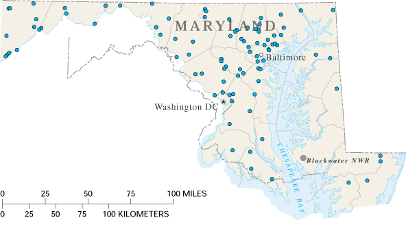 Map showing locations of USGS stream-gaging stations in Maryland.