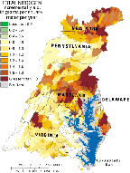 Map showing total nitrogen yields from stream reaches in the Chesapeake Bay watershed.