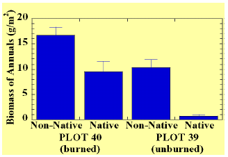 Figure 7.  Comparison of native and nonnative annuals of plots 18019, 39-40, and 41-42, which are paired burned-unburned plots, at least 41 years after a fire.