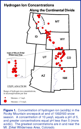 Figure 1 showing concentrations of hydrogen ion in the Rocky Mountain snowpack at end of 1992 and 93 snow season.