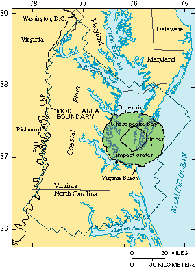 Illustration showing the Chesapeake Bay impact crater.