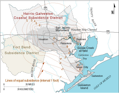 Map showing extent of subsidence in the Houston-Galveston Bay area during 1906-95.