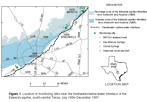 Figure 1. Location of monitoring sites near the freshwater/saline-water interface of the Edwards aquifer, south-central Texas, July 1996-December 1997