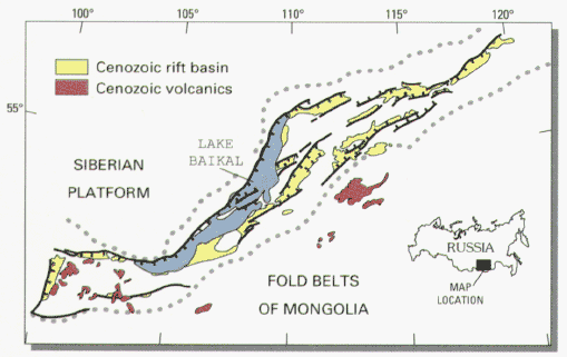 Map showing location of Lake Baikal and associated rift basins.