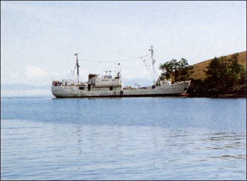 The R.V. Vereshchagin, a coring and high-resolution seismic vessel, docked on central Lake Baikal.