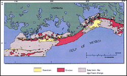 Seafloor change along the Louisiana barrier island coast from the 1930's to the 1980's shows historical patterns of seafloor erosion and accretion.