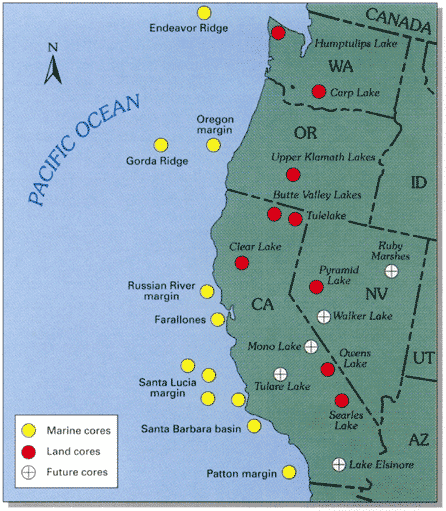 Map showing marine core, land core, and proposed land core sites along the coastal region of western North America.
