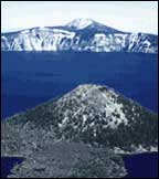 View of Crater Lake looking east over Wizard Island to Mount Scott, the highest point in the park.