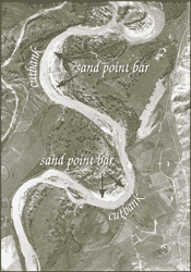 Photo of Powder River showing bank erosion and sand bar depostion.
