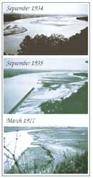 3 photos taken in 1934, 1935, and 1977, showing changes on the Missouri River