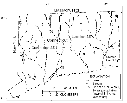 Figure 1. Distribution of 24-hour, 2-year rainfall for the State of Connecticut. (Weiss, 1975)