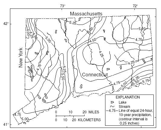 Figure 2. Distribution of 24-hour, 10-year rainfall for the State of Connecticut. (Weiss, 1975)