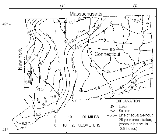 Figure 3. Distribution of 24-hour, 25-year rainfall for the State of Connecticut. (Weiss, 1975)