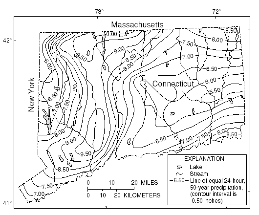 Figure 4. Distribution of 24-hour, 50-year rainfall for the State of Connecticut. (Weiss, 1975)