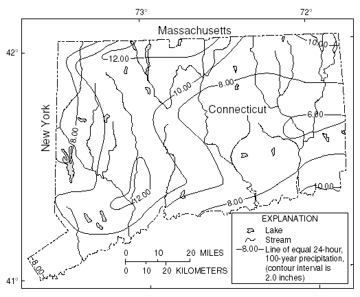 Figure 5. Distribution of 24-hour, 100-year rainfall for the State of Connecticut. Weiss, 1975