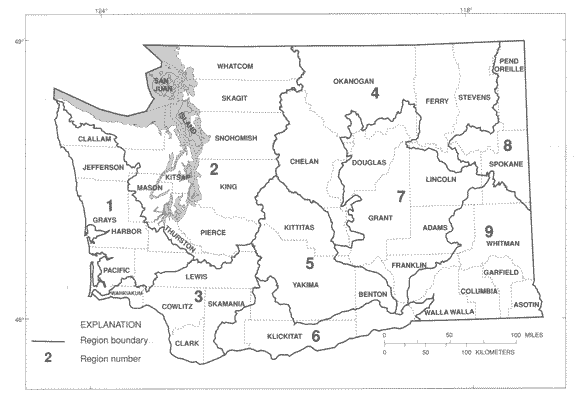 Map showing hydrologic regions of Washington.