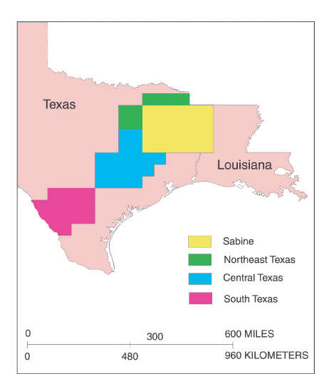map showing the coal assessment study areas in TX and LA.