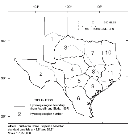 Map showing hydrologic regions of Texas.