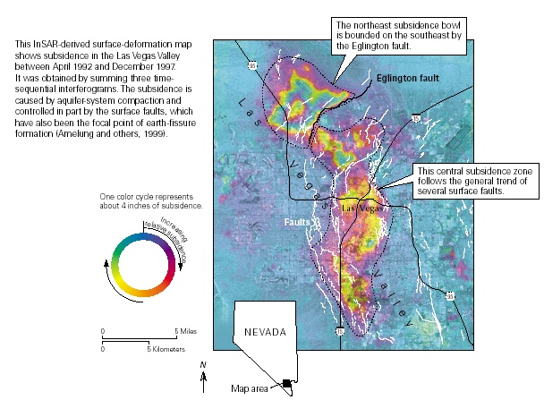 This InSAR-derived surface-deformation map shows subsidence in the LasVegas Valley between April 1992 and December 1997. 