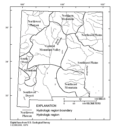 Map of New Mexico showing the hydrologic regions.