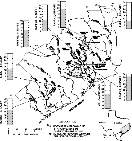 Map showing selected streamflow-gaging stations and reported rainfall amounts at selected sites during October 15–19, 1994.