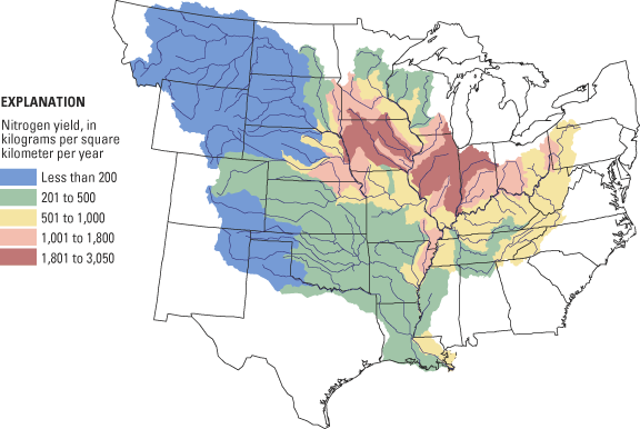 Map showing nitrogen yield in the Mississippi River watershed.