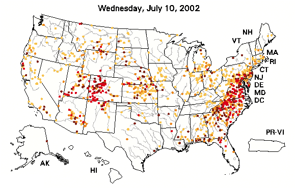Map showing drought conditions in the U.S. for July 10, 2002