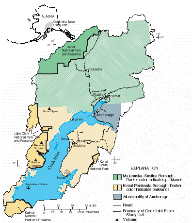 Map showing boroughs and National Parks in the Cook Inlet Basin.