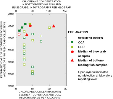 Figure 3. Graph of concentrations of chlordane in sediment cores CCA and CCD (green symbols) and in blue crabs and bottom-feeding fish (red symbols). Data on blue crabs and fish collected in 1993 (Williams, 1993) and 2000 (Texas Department of Health, 2002). Results shown are 1993 median of six blue crab and 15 bottom-feeding fish (carp, smallmouth buffalo, and catfish) and 2000 median of four blue crab and 12 bottom-feeding fish. Low chlordane concentrations in upper part of cores indicate current loading of this pesticide in Clear Creek, whereas nondetections in lower part of cores indicate no historical trend.