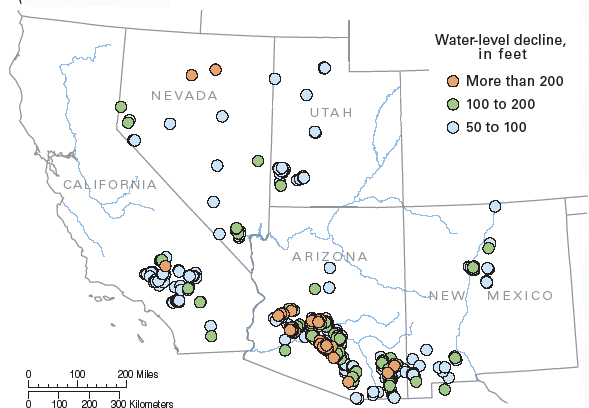 Locations in the basins of southern California, Nevada, Utah, Arizona, and New Mexico where substantial ground-water level declines have been measured. In some areas, water levels have recovered in response to reduction in pumping and increased recharge efforts (Leake and others, 2000).