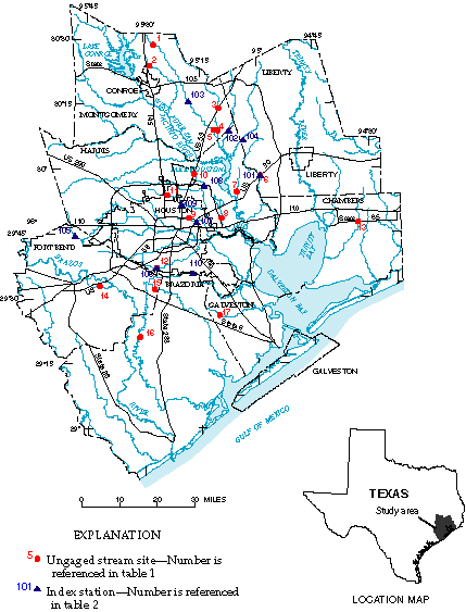 Figure 1. Map showing locations of ungaged stream sites and index stations in or near the Houston metropolitan area, southeast Texas.