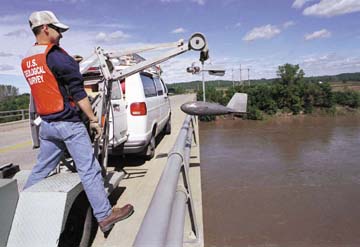 USGS employee measuring flow
	     from a bridge near a USGS streamgage.