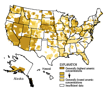 Map showing arsenic concentrations in ground water in the United States.
