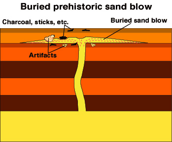Buried prehistoric sand blow showing charcoal, sticks, artifacts, etc.