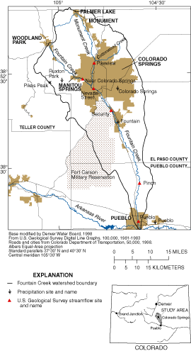 Figure 1. Location of Fountain Creek watershed,<br>        precipitation and streamflow sites.