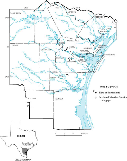 Figure 1. Map showing location of selected data-collection sites and National Weather Service rain gages, Coastal Bend area, south Texas.