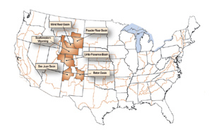 Figure 1.  Location of selected coal-bed gas provinces of the Rocky Mountain region assessed for this study.