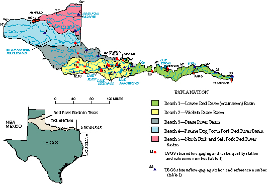 Figure 1. Map showing location of Red River Basin, Texas, and stream-monitoring stations.