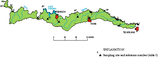 Figure 4. Map showing sampling sites in the lower Red River (mainstem) Basin, Texas, 1996–97.