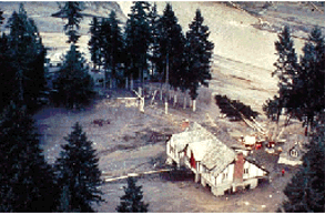 1980 eruption of Mount St. Helens caused a debris flow to destroy many homes.