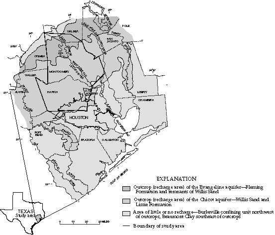 Figure 1. Map showing location of the study area and outcrops of the Chicot and Evangeline aquifers near Houston, Texas (modified from Gabrysch, 1977, fig. 1).