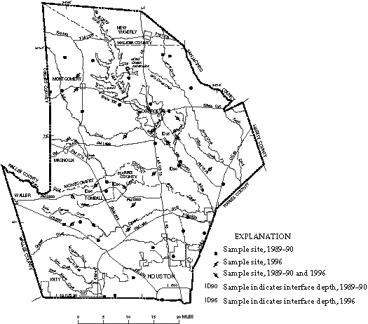 Figure 2. Map showing locations of tritium sampling sites, 1989–90 and 1996 studies, Chicot and Evangeline aquifers near Houston, Texas.